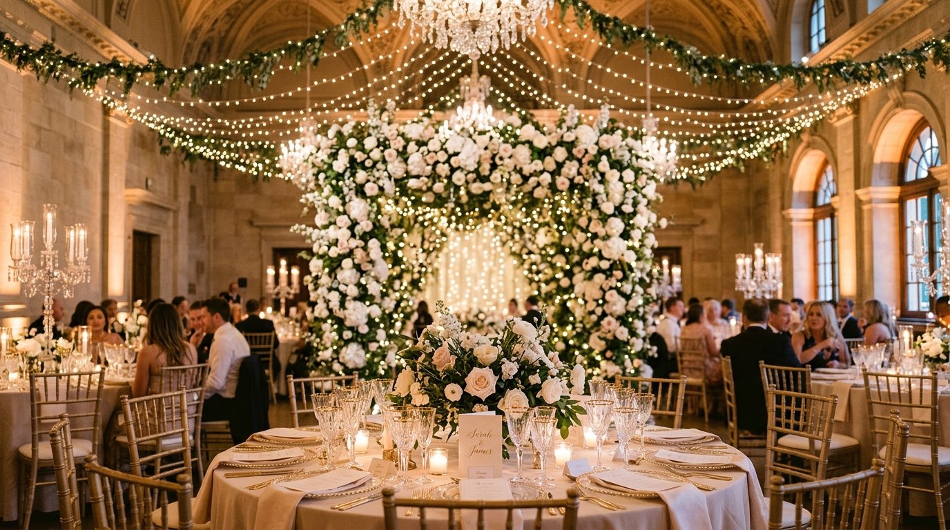 Decoração de casamento luxuosa com flores e luzes